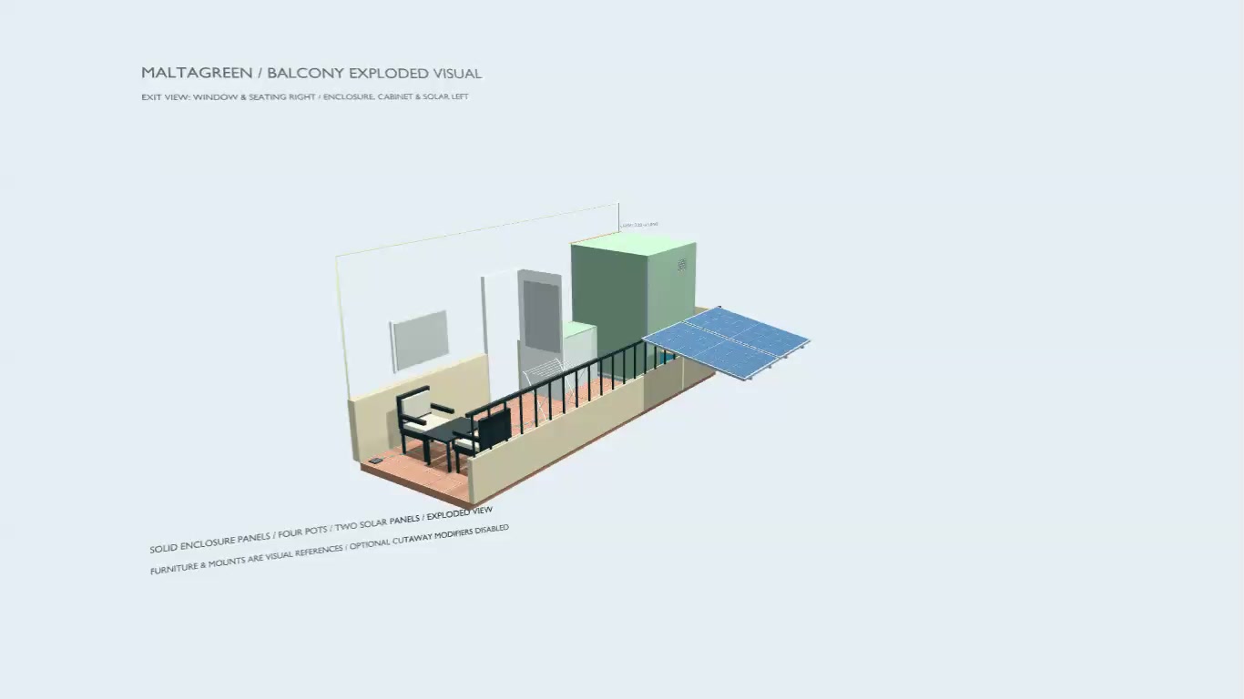 Assembled balcony prototype context with the growing enclosure, equipment cabinet and railing solar panels
